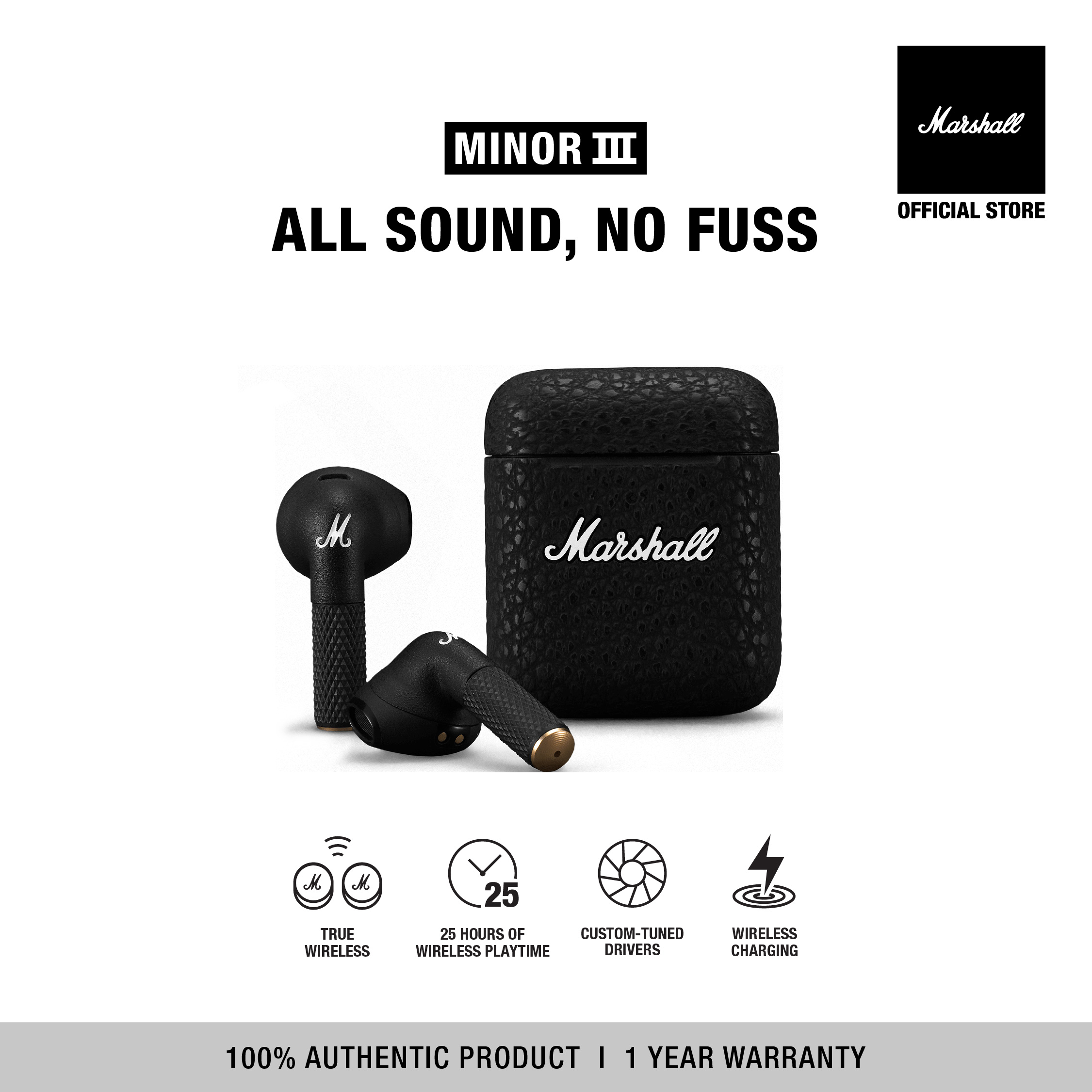 MARSHALL MINOR III BLACK - รับประกัน 1 ปี + ส่งฟรีทั่วไทย (หูฟังบลูทูธ, หูฟังไร้สาย, หูฟัง true wireless, หูฟัง marshall, หูฟังเบสหนัก)
