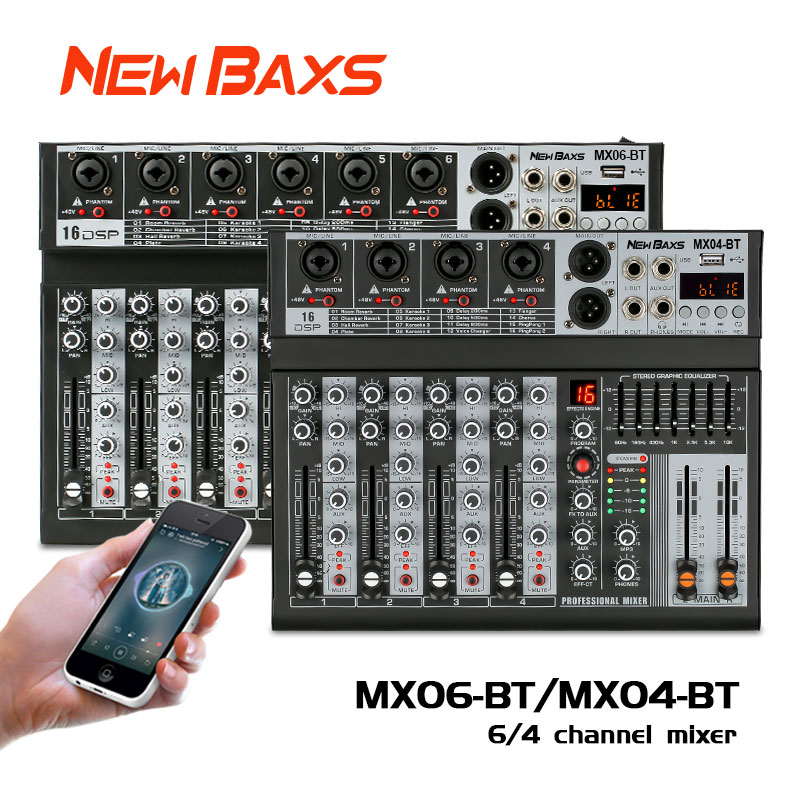 Newbaxs Professional mixer 6-channel/4-channel MX06-BT/MX04-BT EQ effect mixer 16dsp USB signal Bluetooth/MP3 amplifier ราคา 1,180 บาท*ส่งฟรี