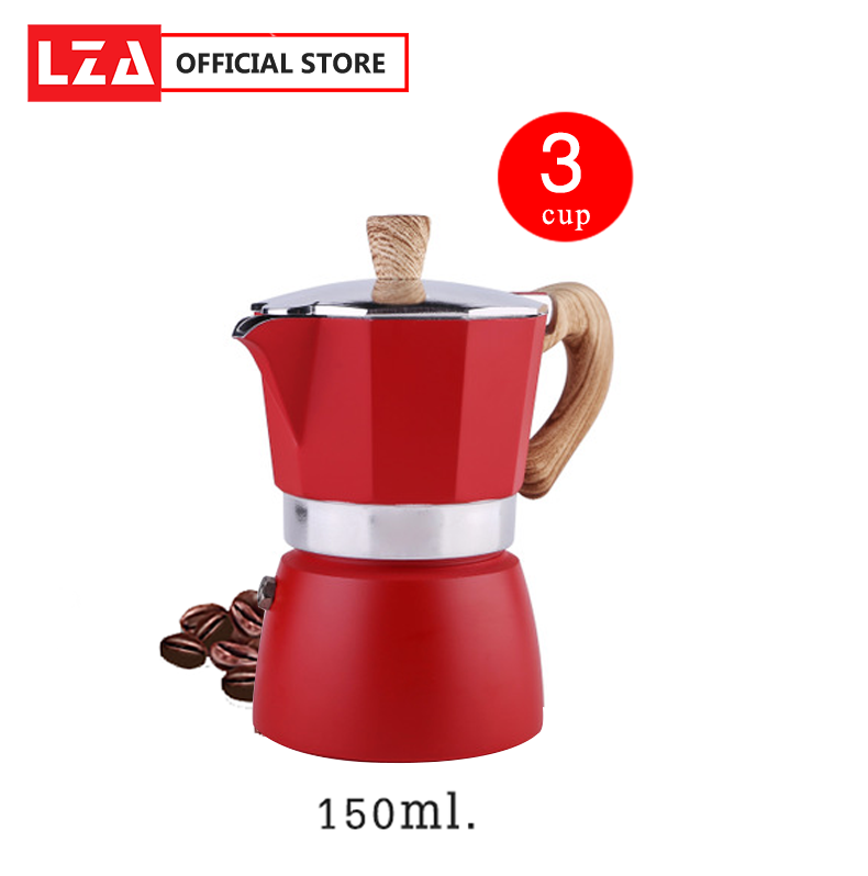 LZA หม้อต้มกาแฟ Moka Pot(สีแดง) รุ่นK91 ต้มกาแฟ ขนาด 6 คัพ 300 ml. และ 3 คัพ 150 ml. สินค้าคุณภาพเกรดA ที่จับทนความร้อนทำจากไม้ไบโอนิค แข็งแรง