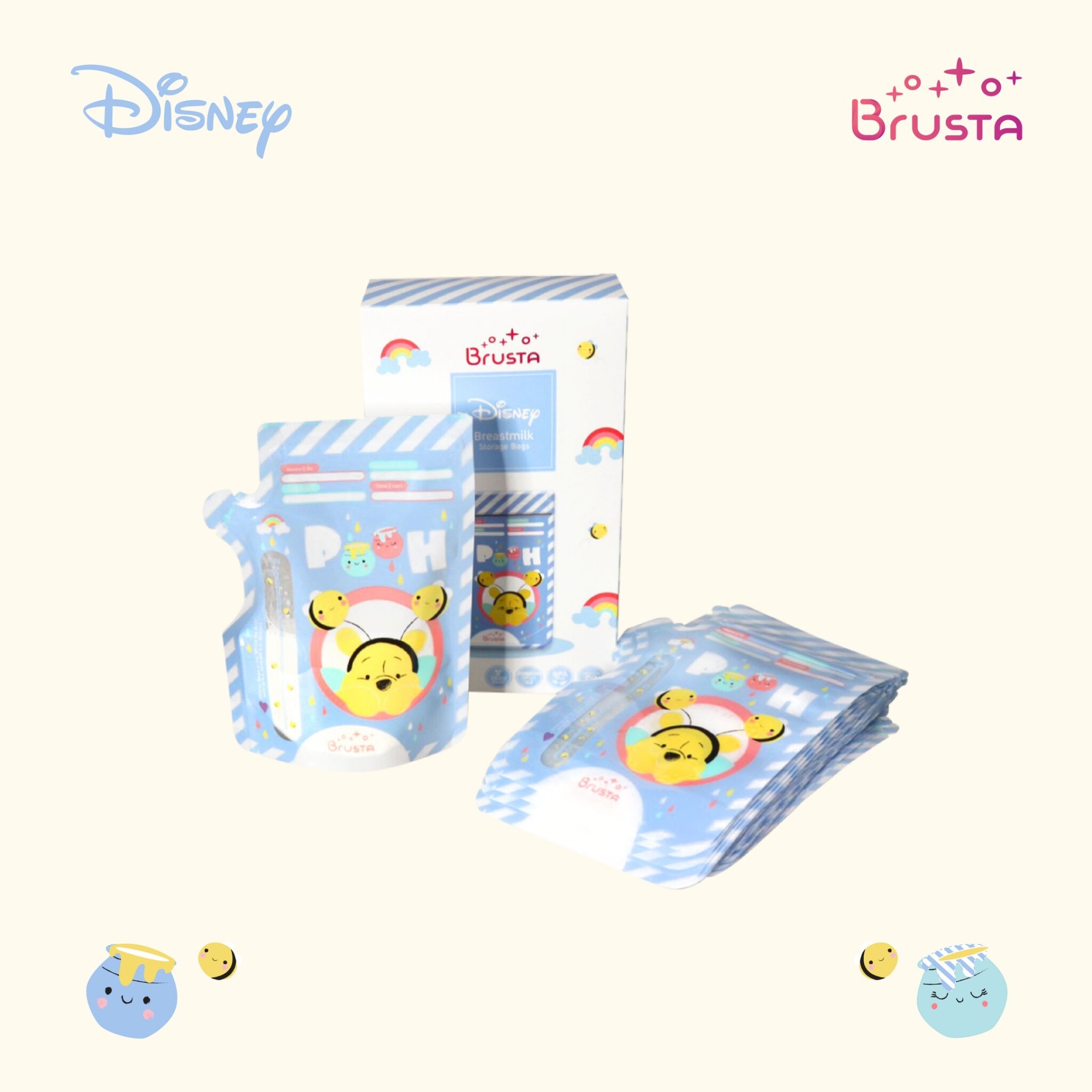[4แถม1] Brusta X Disney ถุงเก็บน้ำนม ลายดิสนีย์แท้ บรรจุ 8 Oz. ล็อค 2 ชั้น (25 ถุง/กล่อง) มีแถบวัดอุณหภูมิ แถบเขียนชื่อ ถุงนิ่ม ตั้งได้