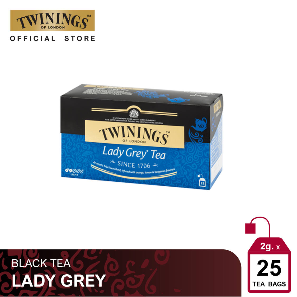 ทไวนิงส์ ชาสีทองอ่อน รสเบา เลดี้ เกรย์ ชนิดซอง 2 กรัม แพ็ค 25 ซอง Twinings Lady Grey Tea 2 g. Pack 25 Tea Bags