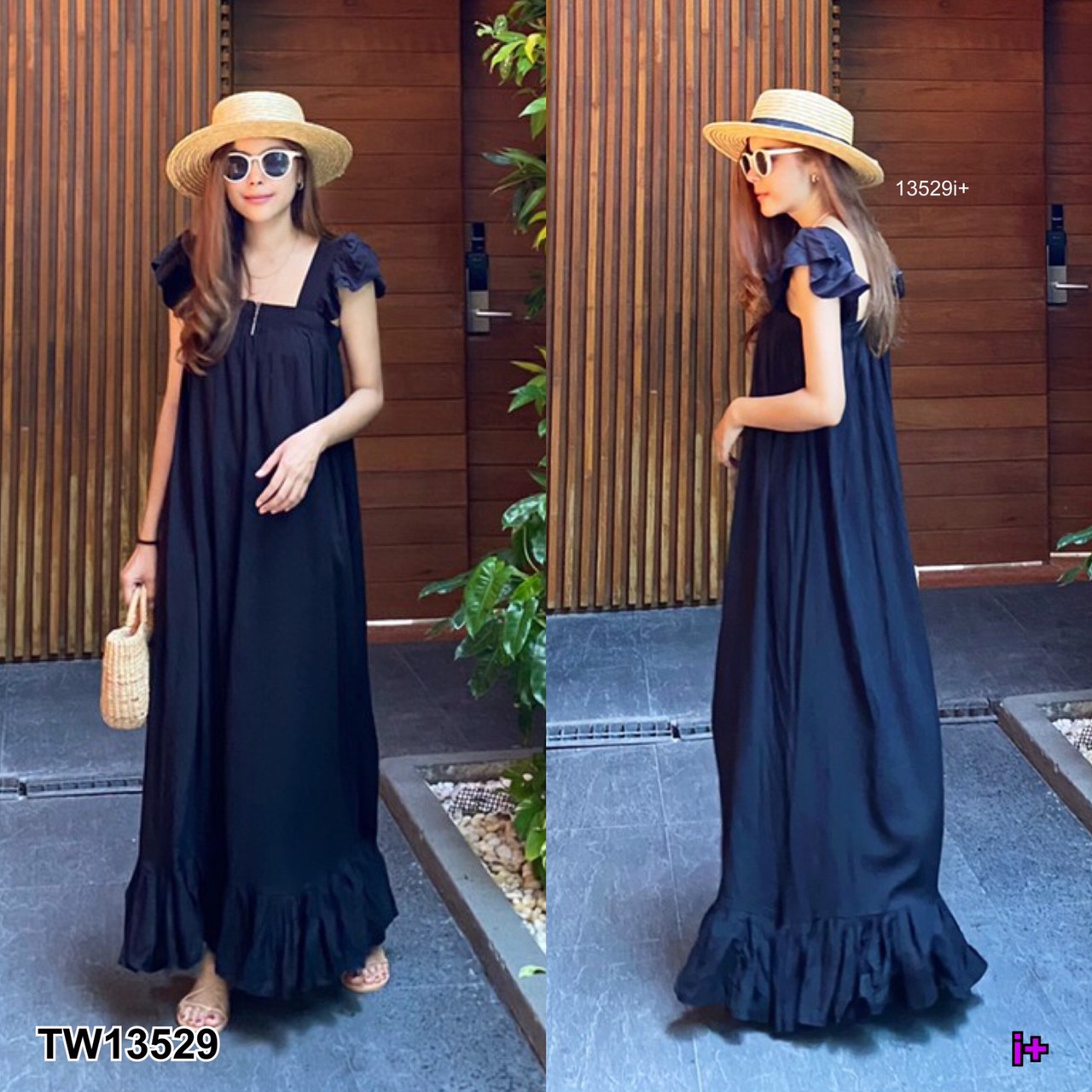 SS13529 Maxi Dress เดรสยาว สม็อครอบอก แขนระบาย