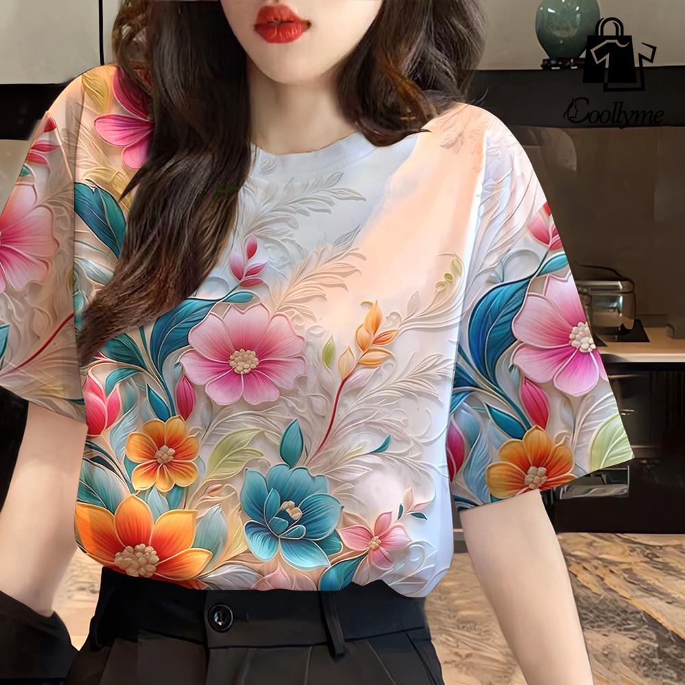 Floral T-shirt Songkran 2568 daily casual short sleeve Hawaiian holiday tops Thai women's o-neck tops ราคา 96 บาท*ส่งฟรี