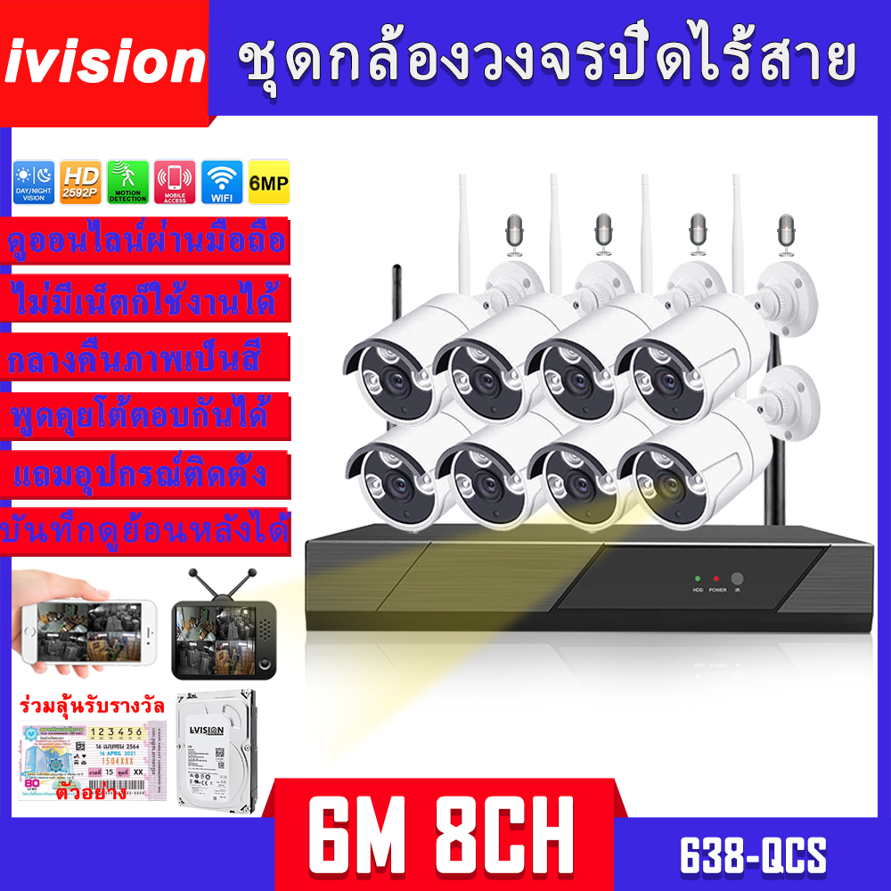 ivision Premium ชุดกล้องวงจรปิดไร้สาย 6M 4/8CH 1080P กลางคืนภาพเป็นสี พูดโต้ตอบได้ บันทึกเสียง กล้องวงจรปิดไร้สาย เสียบไฟใช้ได้ทันที ไม่ต้องตั้งค่า กล้องวงจรปิด wifi ไม่มีเน็ตก็ใช้ได้ ดูแอพมือถือได้ ดูบนTVได้ P2P APP แถมอุปกรณ์ติดตั้ง ราคา 3,690 บาท*ส่งฟรี