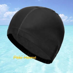 สินค้า Black swimming cap with PU coating waterproof, prevent hair from colline / sea water. For adults free size Men and women