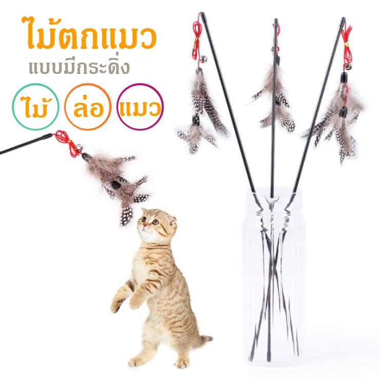 ไม้ล่อแมว ไม้ตกแมว รุ่นขนนก 2 ชั้น มีกระดิ่ง ไม้ยาว 50 CM   สินค้าดี ราคาถูก พร้อมส่งในประเทศไทย #P083