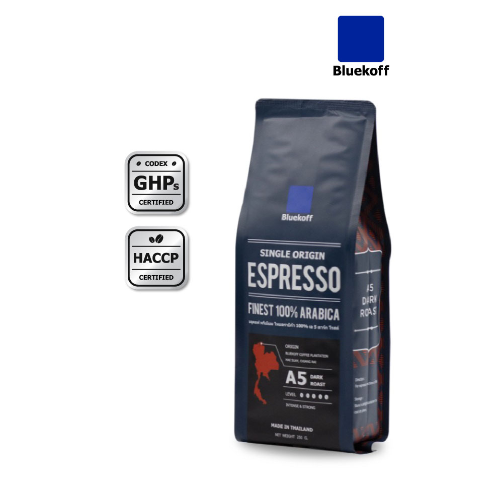 Bluekoff A5 ถุงสีน้ำเงิน เมล็ดกาแฟไทย อาราบิก้า100% เกรด A Dark Roast (คั่วเข้ม) ขนาด 250 กรัม