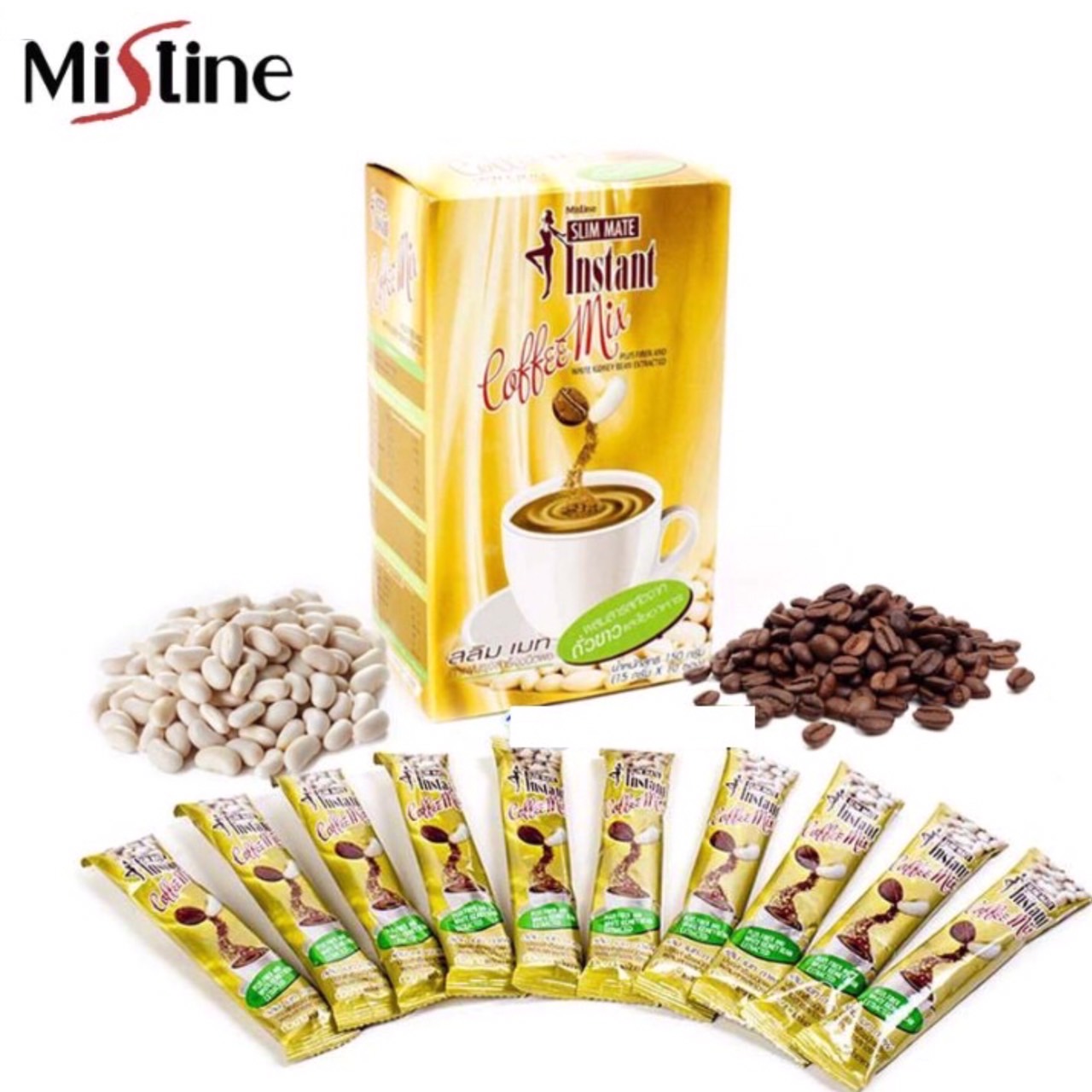 Mistine Slim Mate Insant Coffee Mix 150g. กาแฟถั่วขาว มิสทิน สลิม เมท อินสแตนท์ คอฟฟี่ มิกซ์ ผสมใยอาหารและสารสกัดจากถั่วขาว(1กล่อง บบรรจุ 10 ซอง) ราคา 89 บาท*ส่งฟรี