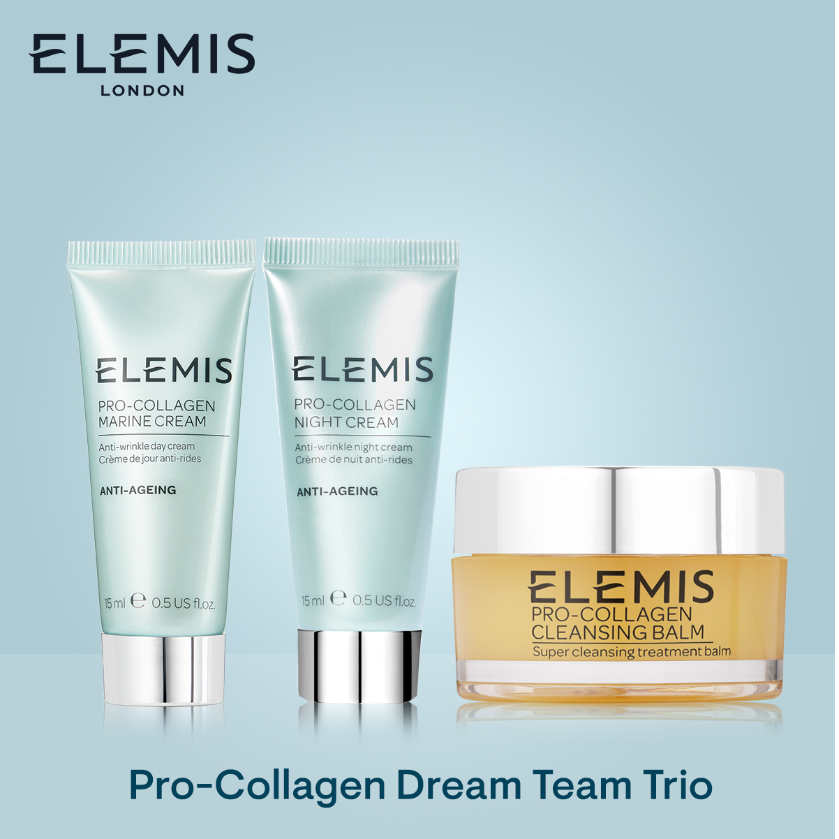 Elemis Pro-Collagen Dream Team Trio เอเลมิส โปร คอลลาเจน ทรีโอ้ (ล้างเครื่องสำอาง , ทำความสะอาดเครื่องสำอาง , ผิวสะอาด , (ครีมบำรุงผิวหน้า , ริ้วรอย , กระชับ , เรียบเนียน , เดย์ครีม , ไนท์ครีม)
