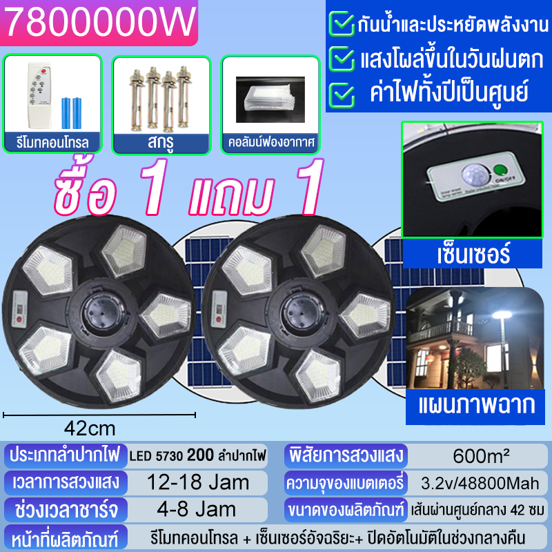 ไฟโซล่าเซลล์ ไฟสนาม UFO ไฟถนนยูเอฟโอ ไฟถนนled กันน้ำ ป้องกันฟ้าผ่า Solar Street Light 800000W ซื้อ 1 แถม 1 IP67 กันน้ำและกันฟ้าผ่