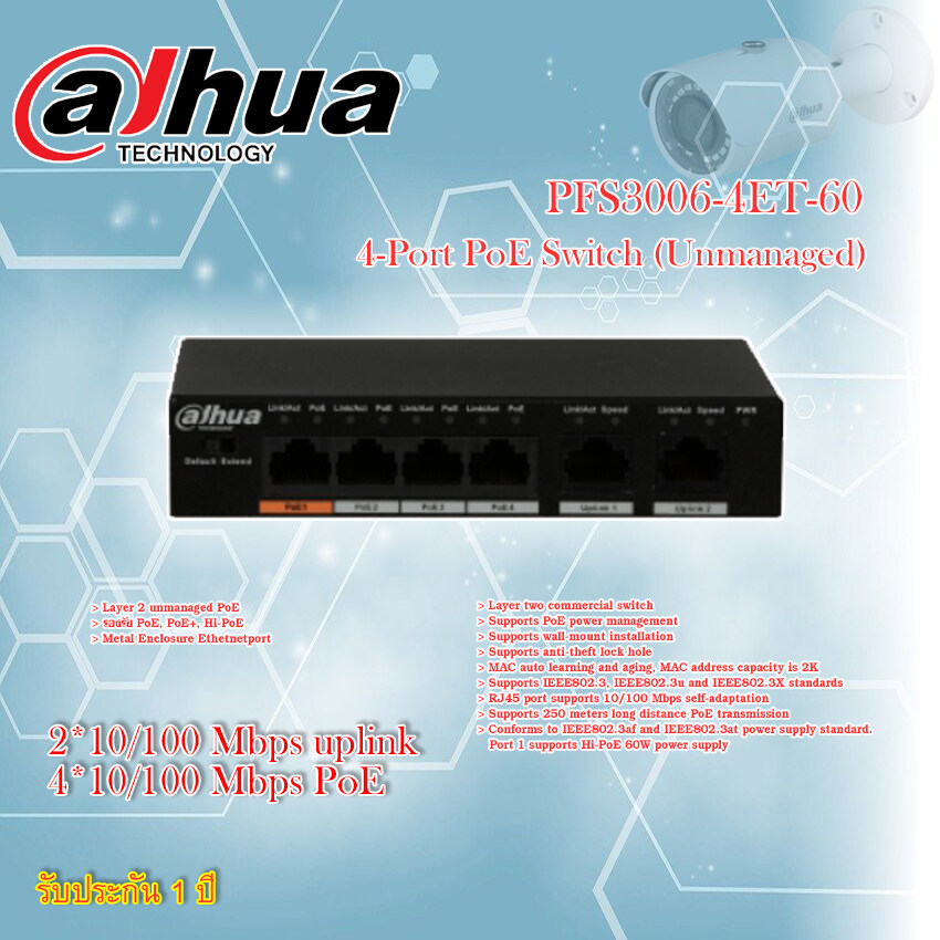 Dahua PoE Switch 4 port Fart Ethernet PoE รุ่น PFS3006-4ET-60