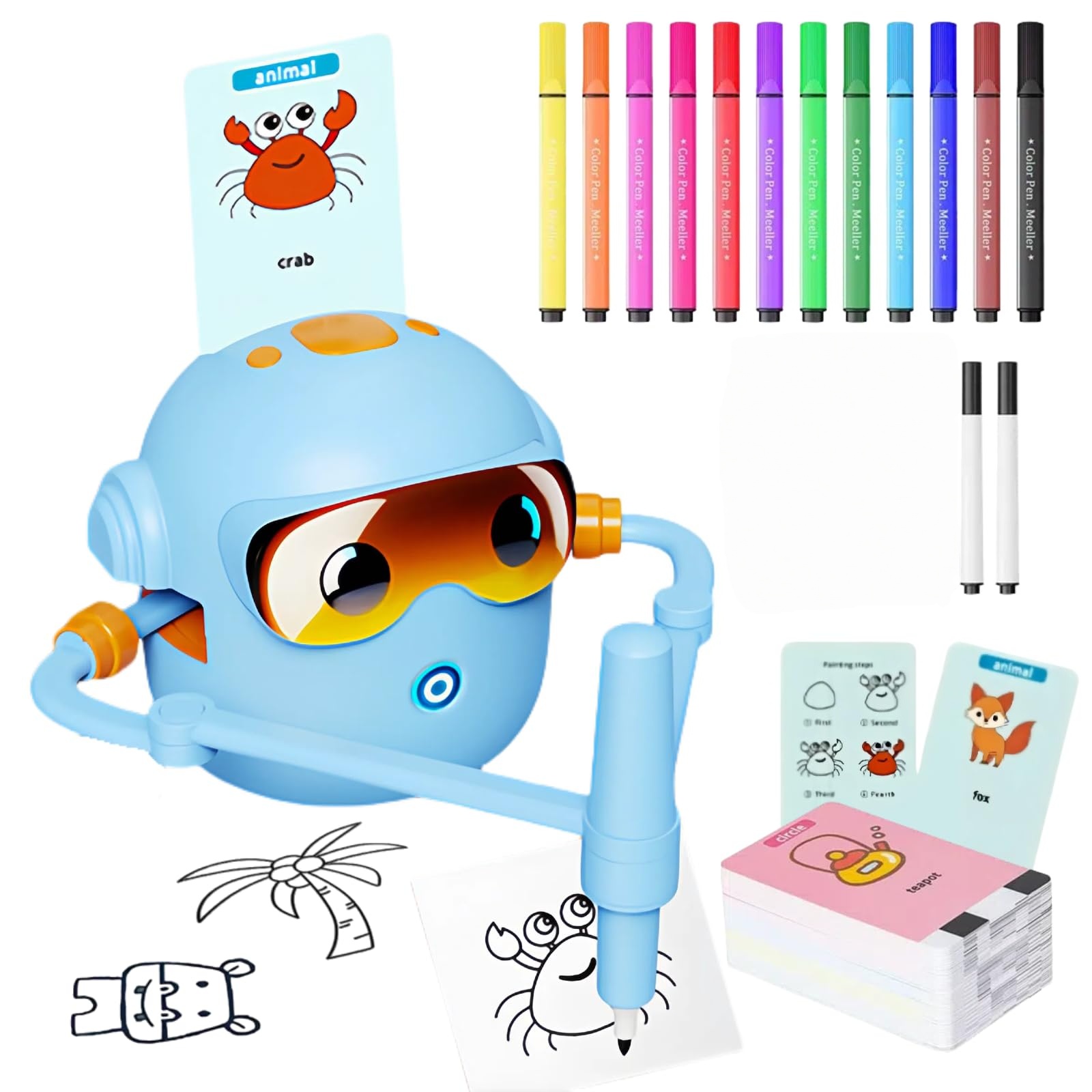 Drawing Robot for Kids with 100 Cards& 12 Color Pens ，Voice Interactive Educational Drawing Machine Montessori Painting Learning Toys for Ages 3-8 Boys Girls Birthday Gift