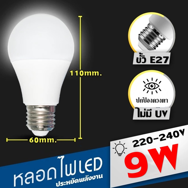 หลอดไฟ แอลอีดี LED Bulb E27 9W / 12W แสงขาว มาตรฐาน มอก.1955-2551