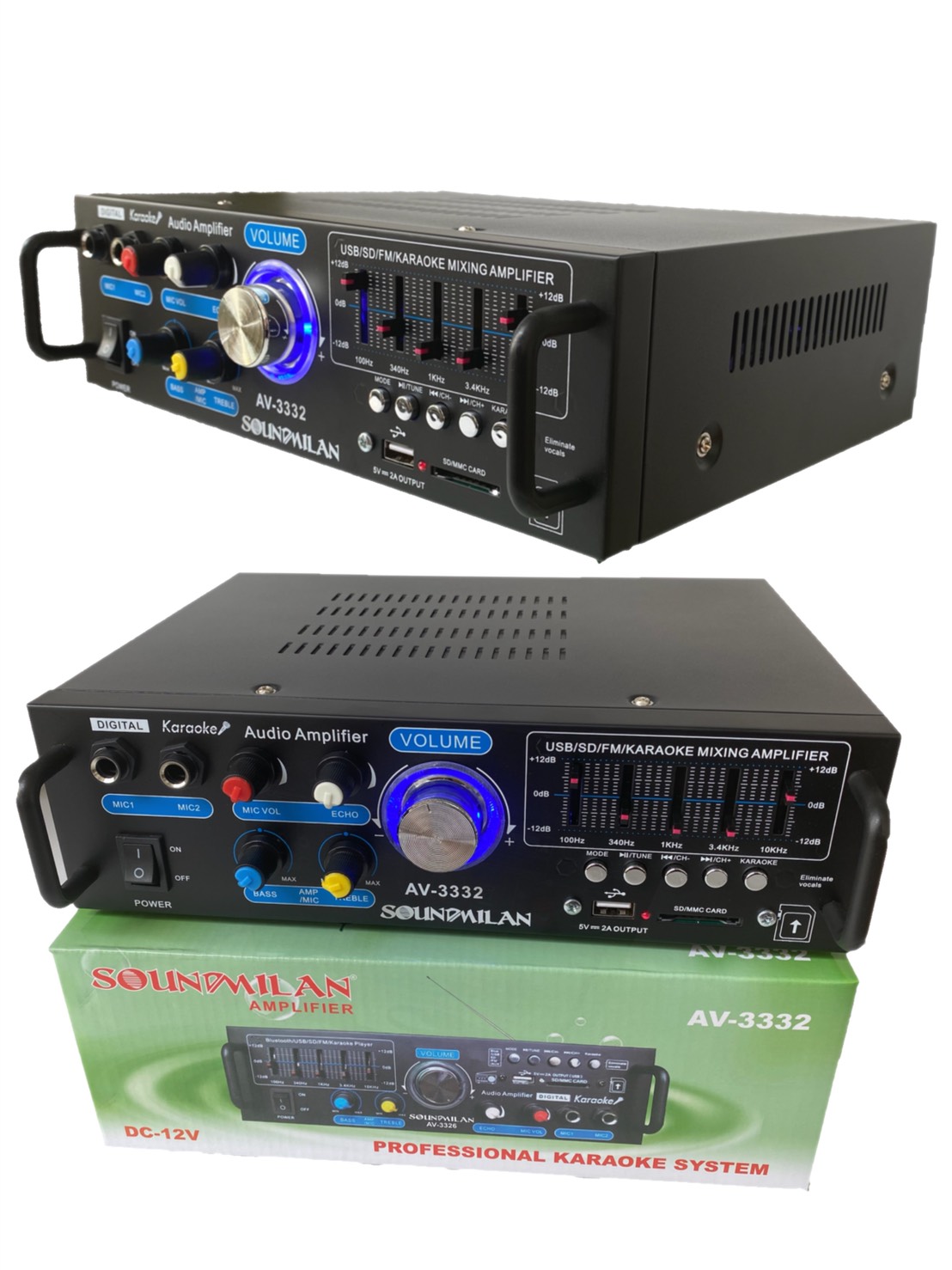 SOUNDMILANแอมป์ขยายเสียงACDC ใช้ไฟได้ 2ระบบ DC12V / AC220V กำลังวัตต์ 2000w P.M.P.Oมี USB+BT+SD+FM+EQรุ่น AV-3332