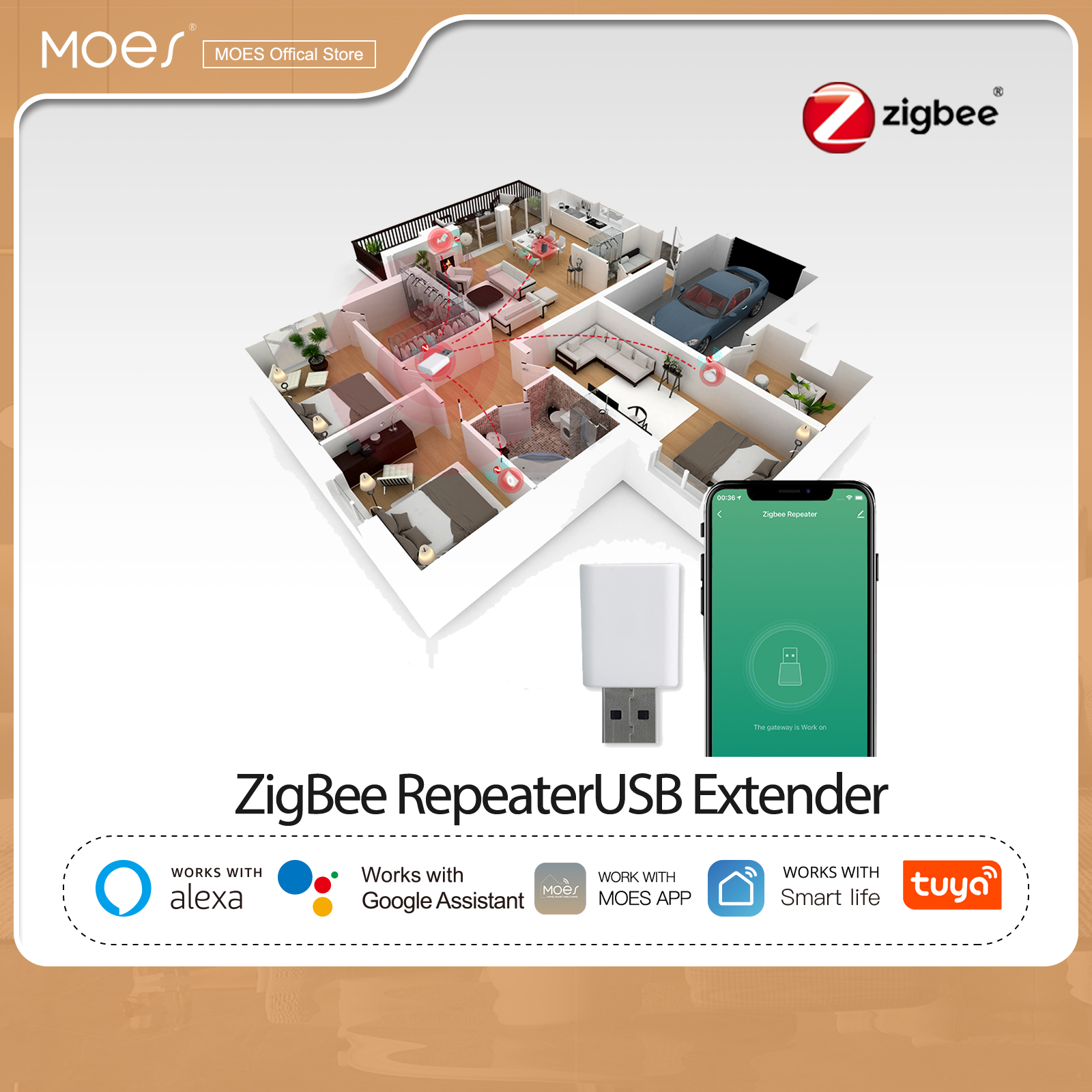 MOES Tuya ZigBee Signal Repeater Amplifier USB Extender for Smart Devices Expand Stable Transmission 15-20M Home Module ราคา 344 บาท*ส่งฟรี