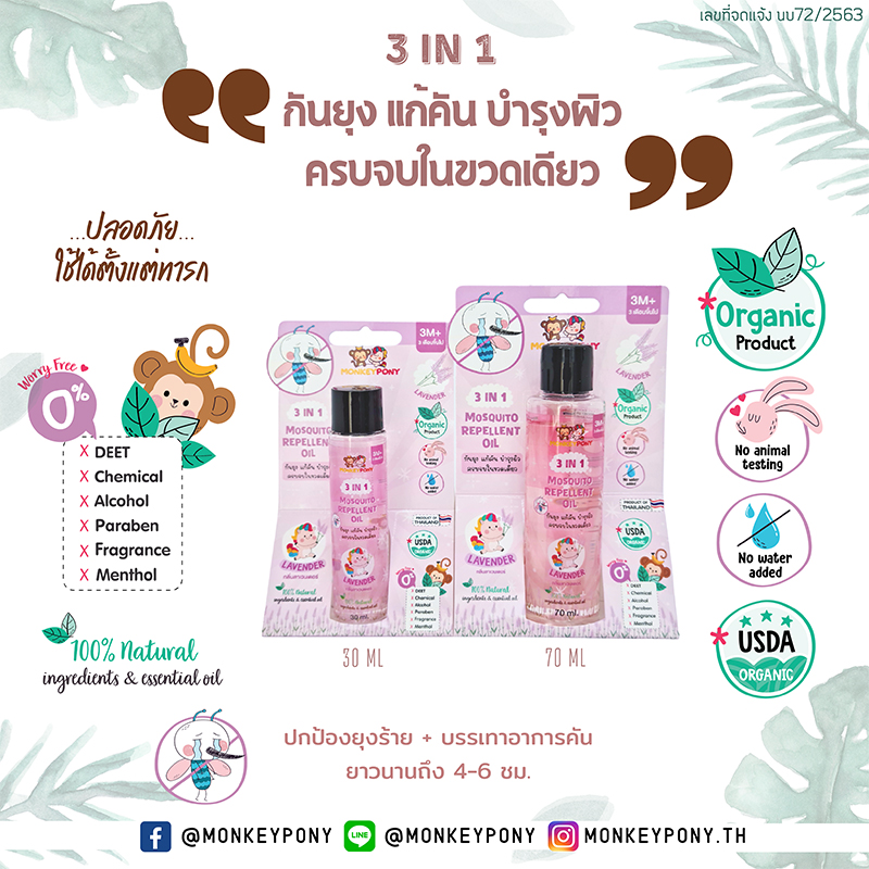 MonkeyPony ยากันยุงเด็ก ยากันยุงออร์แกนิค สำหรับเด็กและทารก Mosquito Repellent Oil for Kids 30ml / 70ml
