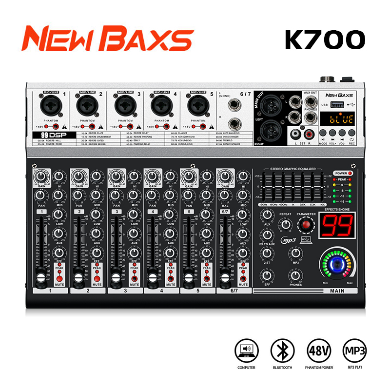 Newbaxs K700 Professional mixer features built-in Bluetooth repeater effect for portable performance and can connect to computer for recording. ราคา 1,799 บาท*ส่งฟรี