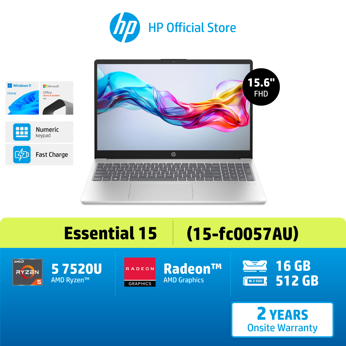 HP Laptop 15-fc0057AU AMD Ryzen 5 7520U/ AMD Radeon Graphics/ 16GB/ 512GB/ Win11 / MS H&S 21/ 2Yrs Notebook ราคา 24,590 บาท*ส่งฟรี
