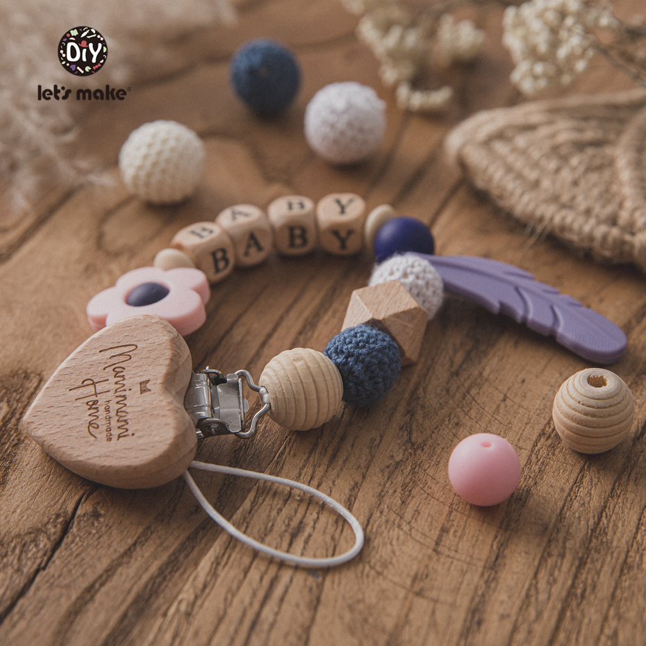 Lets Make Baby Pacifier Holder Name Personalized Natural Wood Chew Beads Bpa Free Silicone Feather Newborn Dummy Chains ราคา 97 บาท*ส่งฟรี
