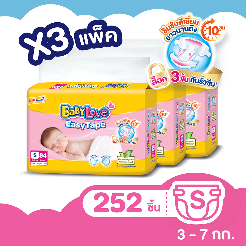 [ขายยกลัง!][รวม 3 แพ็ค] เบบี้เลิฟ ผ้าอ้อมเด็กแบบเทป อีซี่เทป ไซส์ NB-M