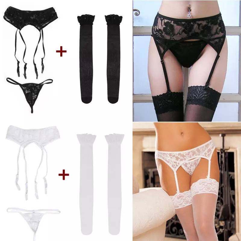3ชิ้น/SET)การ์เตอร์เบลท์+จีสตริง+ถุงน่อง​ New Fashion Sexy Women Lace Babydoll Belt Stockings Underwear Nightwear Thin Solid Garter HOT
