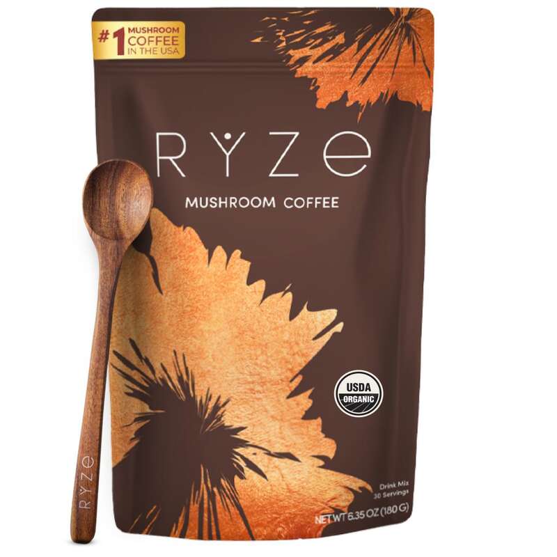 RYZE Mushroom USDA Organic 6 ชนิดเห็ดอะแดปโตเจนิกและน้ำมัน MCT, กาแฟสำเร็จรูปที่ปลูกในสหรัฐอเมริกาเพื่อเพิ่มพลังงาน, สมาธิ, การย่อยอาหาร, พร้อมเห็ดหางไก่งวง, เห็ดหอม, เห็ดแผงคอสิงโต, 30 ครั้งบริโภค - แอนโทนี่