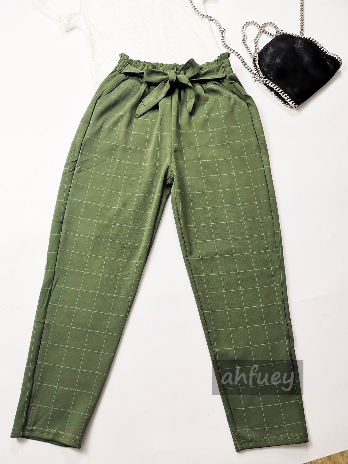 กางเกงลายสก๊อตขายาวเชือกผูกโบว์ได้ กางเกงผ้าเกาหลีหนายางยืด เอวสม็อก