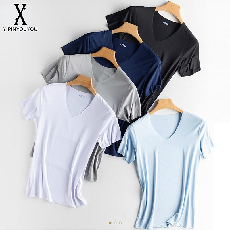 YIPINYOUYOU丨Raised Seamless Cool Silk T-shirt for Men Men's Tank V-neck, slim type, solid color Wide shoulder strap V-neck strap T-shirt Hot weather wear sports wear lining without fear of sweat flooded sleeveless shirt ราคา 42 บาท*ส่งฟรี