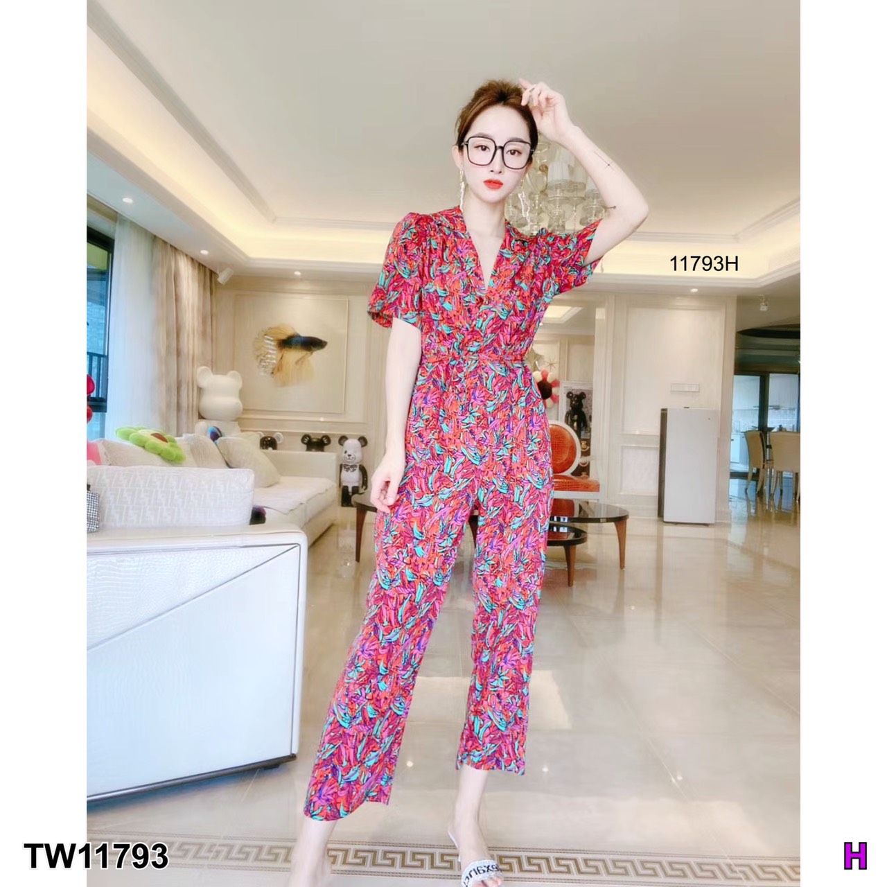 J11793 Jumpsuit จั๊มสูท ปกสูท ขายาว ลายกราฟฟิก + เข็มขัด