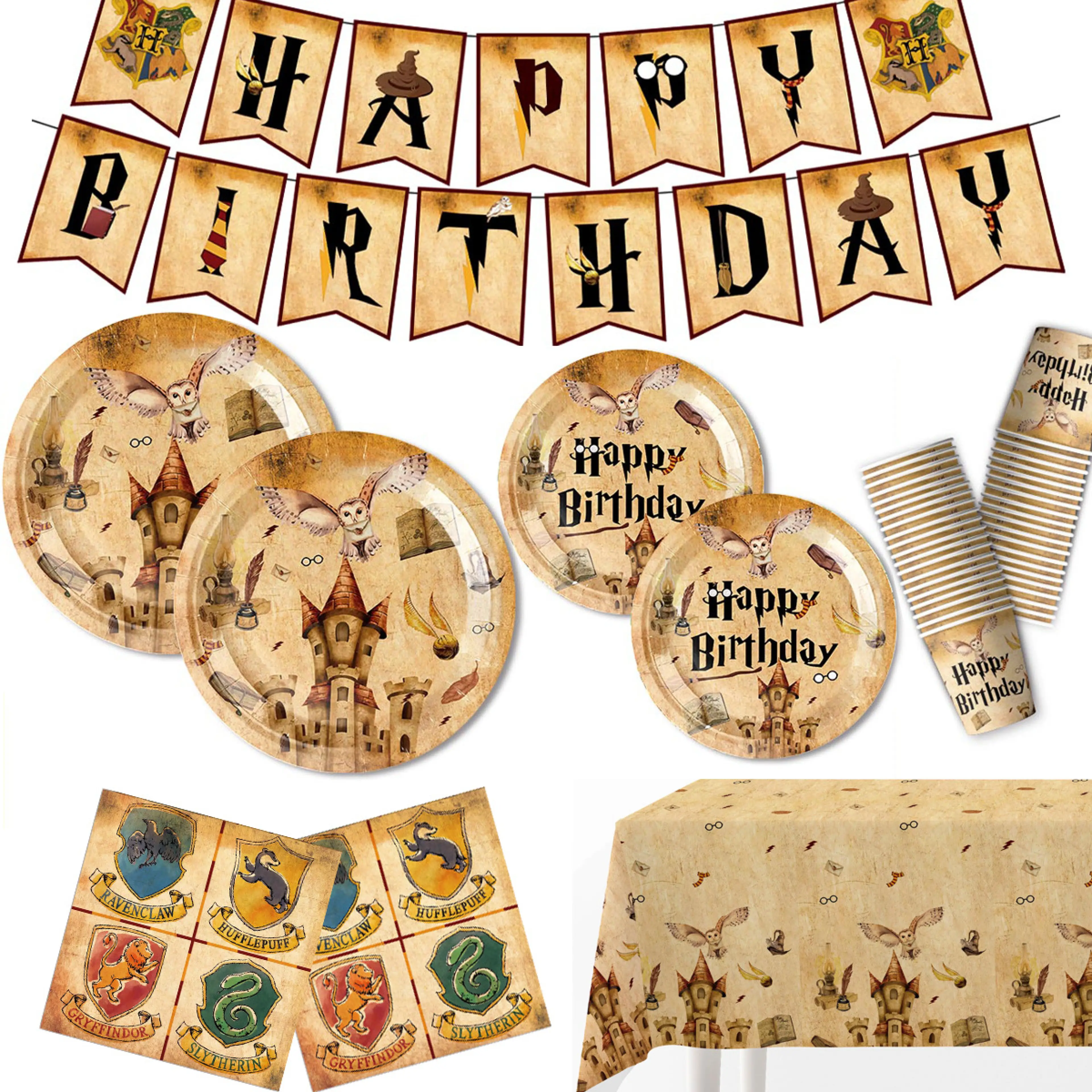 Birthday Party, Wizard, Magic, Paper Plates, Glasses, Tissue, Table Decoration, Table Set, Potter, Happy Birthday Decoration