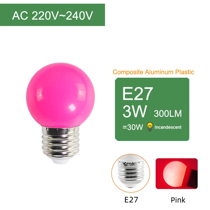 RGB หลอดไฟ 3W E27 220V Ampoule ตกแต่งงานปาร์ตี้ในสวนพลาสติกที่มีสีสันต่ำโวลต์หลอดไฟ