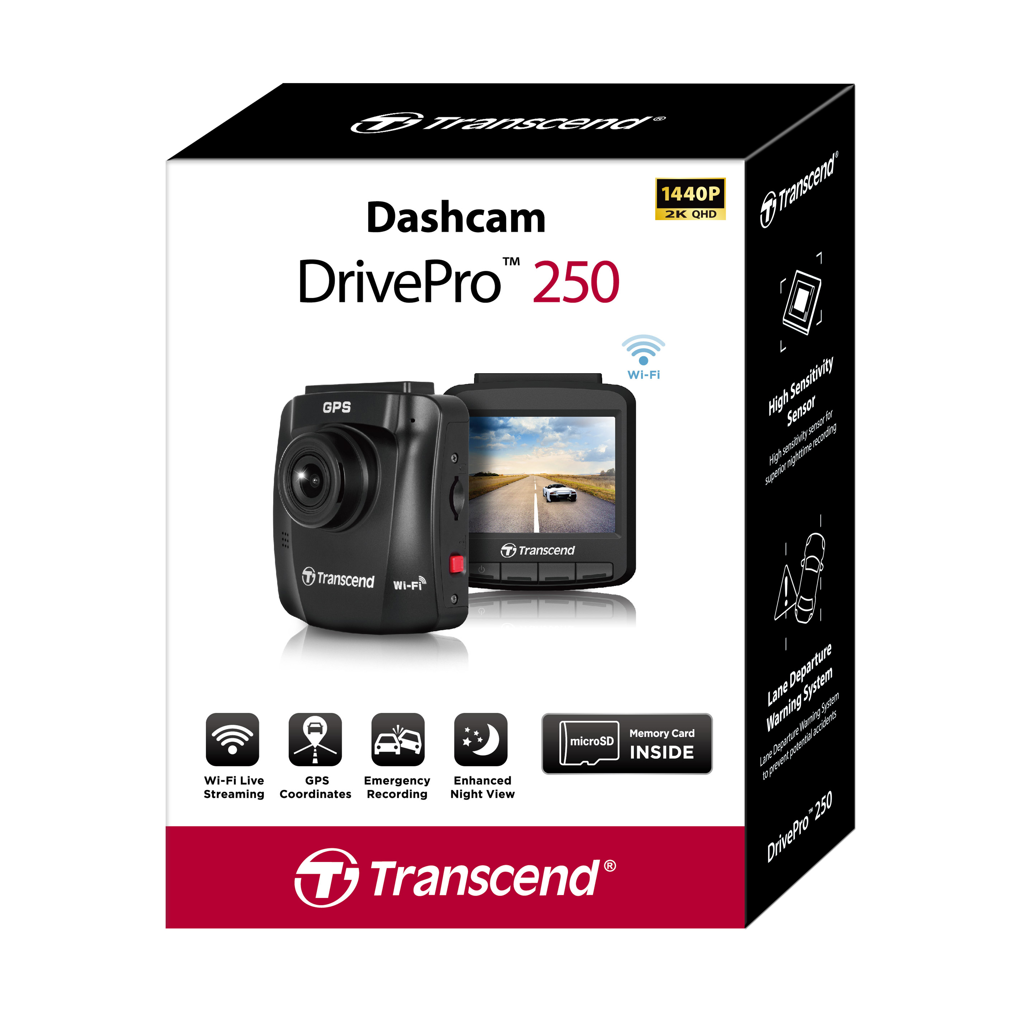 กล้องติดรถยนต์ Transcend's DrivePro 250( 2K QHD 1440P ) WiFi ,Memory Card 64 GB - Transcend -รับประกัน 2 ปี - มีใบกำกับภาษี ราคา 4,190 บาท*ส่งฟรี