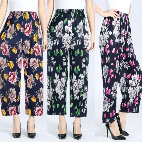 กางเกงสำหรับผู้หญิงสไตล์เกาหลี,กางเกงขายาวผ้าไอซ์ซิลค์สุดเท่ห์กางเกงลายดอกไม้กางเกงลำลองเก้าแต้ม