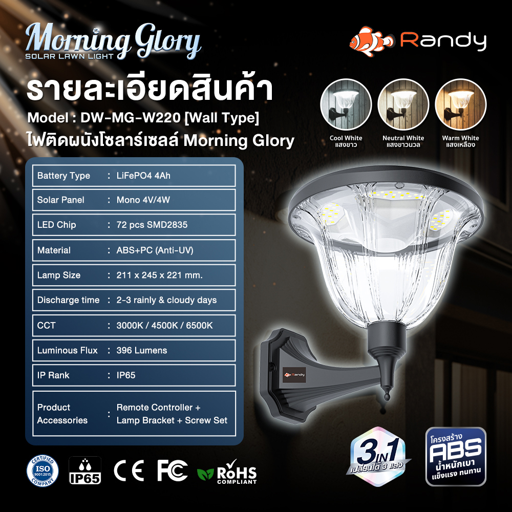RANDY[Moning Glory] โคมไฟสนามพลังงานแสงอาทิตย์ ปรับแสงได้3สี IP65 ประกัน2ปี ใช้งานได้นานตลอดทั้งคืน