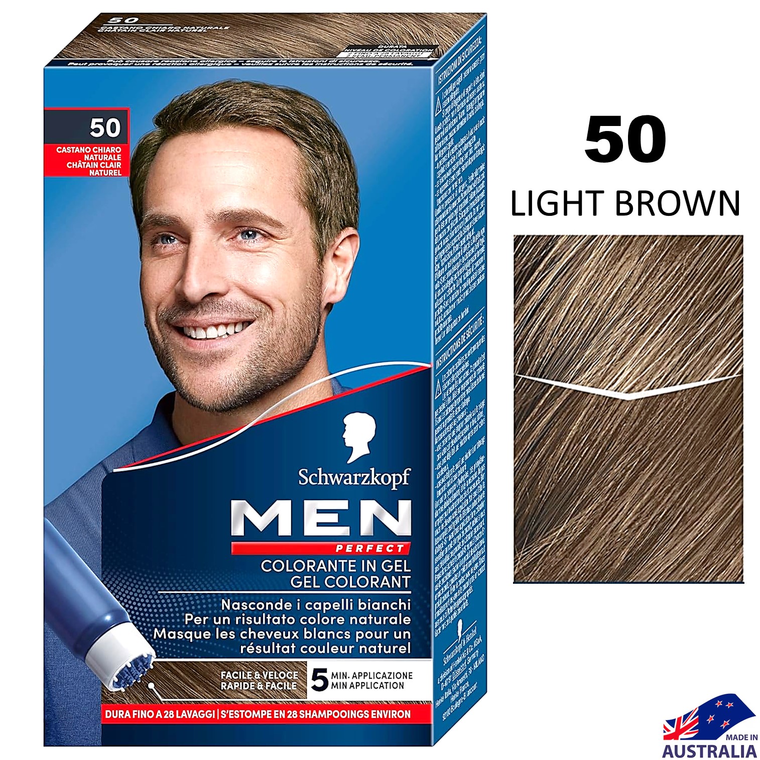 Schwarzkopf Men Perfect Anti Grey Colour Gel No.50 Light Brown ผลิตภัณฑ์เปลี่ยนสีผมผู้ชายคุณภาพสูงสูตรพรีเมี่ยมสินค้านำเข้าจากออสเตรเลียของแท้พร้อมส่ง ราคา 1,150 บาท*ส่งฟรี