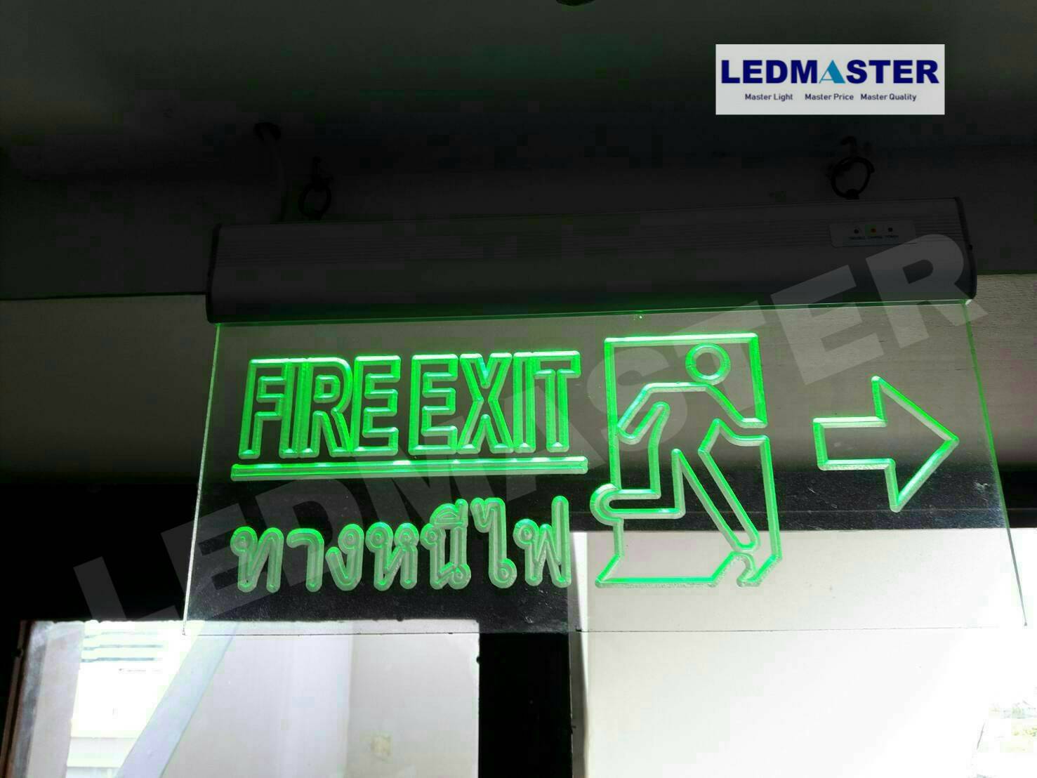 ป้ายทางหนีไฟ led ข้อความ Fire Exit ทางหนีไฟ สัญลักษณ์คนวิ่ง ลูกศรชี้ด้านข้าง ชนิดเเขวน ป้ายอะคริลิคพื้นใส ป้าย 1 หน้า ป้ายหนีไฟ ป้ายทางออก
