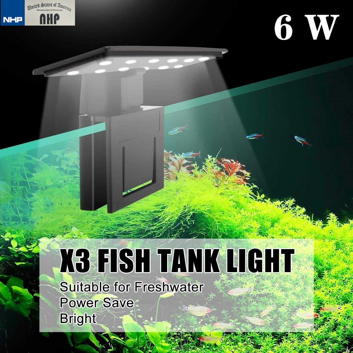 LED มินิโคมไฟ สำหรับตู้ปลาขนาดเล็ก กำลังไฟ 6 วัตต์,โคมไฟในตู้ปลา (สีดำ)