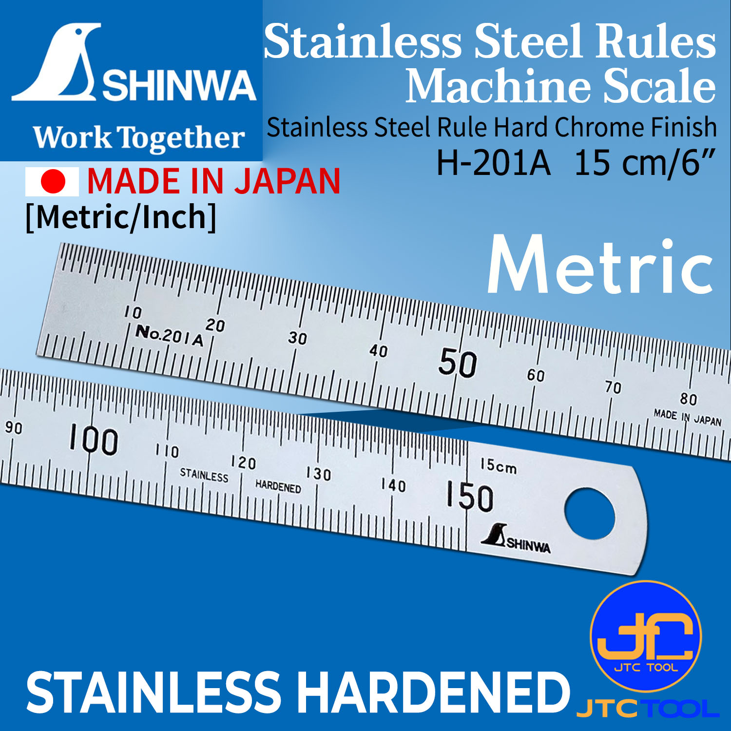 Shinwa ไม้บรรทัดแสตนเลสหน่วยมิล/นิ้ว (H201A-H201F) - Stainless Steel Rule [Metric/Inch]