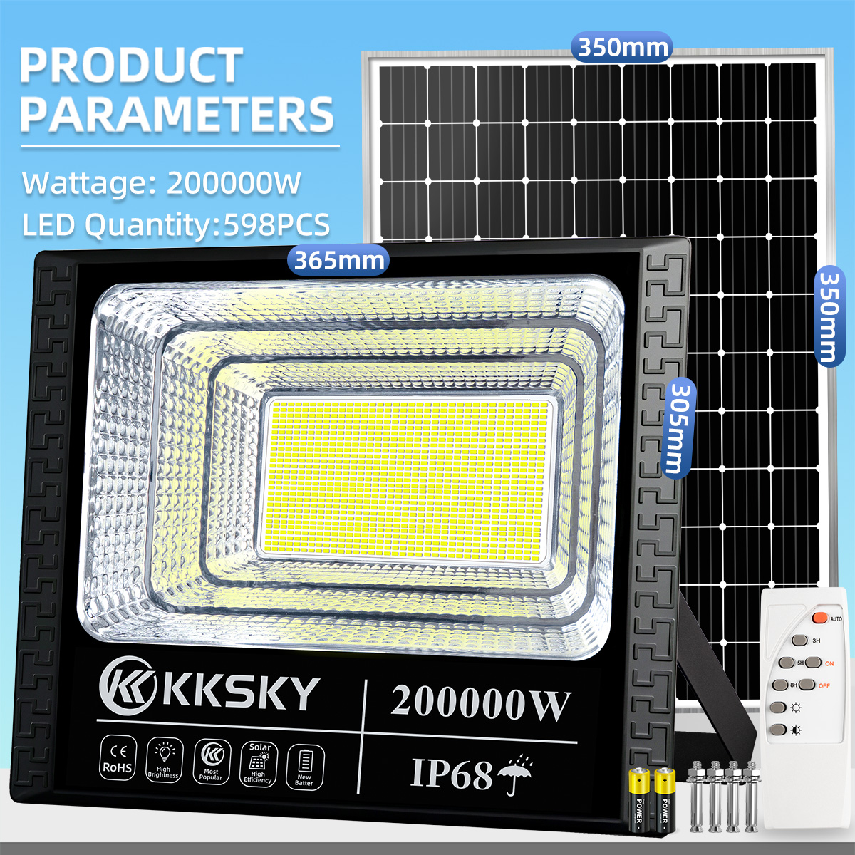 KKSKY ไฟโซล่าเซลล์ 200000W โซล่าเซลล์ solar light โคมไฟโซล่าเซลล์ ไฟสปอร์ตไลท์ แสงขาว กันน้ำ IP68 ไฟLEDโซล่าเซลล์กลางแจ้ง สว่างอัตโนมัติตอนกลางคืน