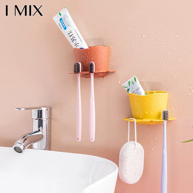 I MIX H587 ที่เก็บแปรงสีฟัน ยาสีฟัน แบบติดผนัง แขวนแปรงได้ 4 อัน พร้อม 1ช่องใส่ของ