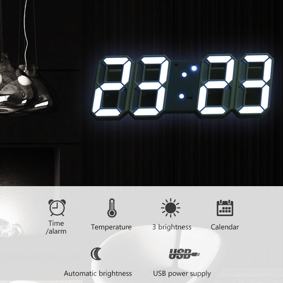 นาฬิกาดิจิตอล LED 3D แขวนผนัง นาฬิกาปลุกดิจิตอล พร้อมโหมดกลางคืน ในร่มอุณหภูมิ วันที่ โมเดิร์นนาฬิกาไฟกลางคืน 3D LED Digital เสียบปลั๊กไฟ Beautiez