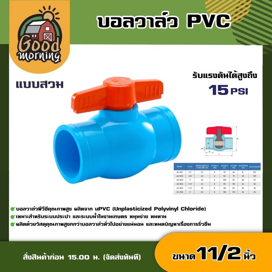 บอลวาล์ว PVC ขนาด 1 1/2 นิ้ว แบบสวม หมุนง่าย ผลิตจากPVC อุปกรณ์ประปา ระบบน้ำ ระบบน้ำ ปะปา เกษตร สวน
