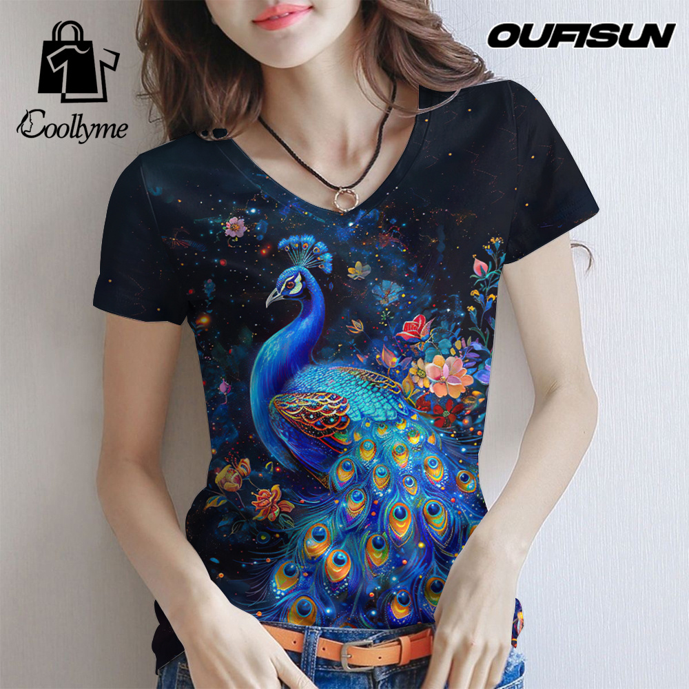 Peacock print women T-shirt V neck plus size Songkran shirt 2568 fashion casual short sleeve women clothing ราคา 98 บาท*ส่งฟรี
