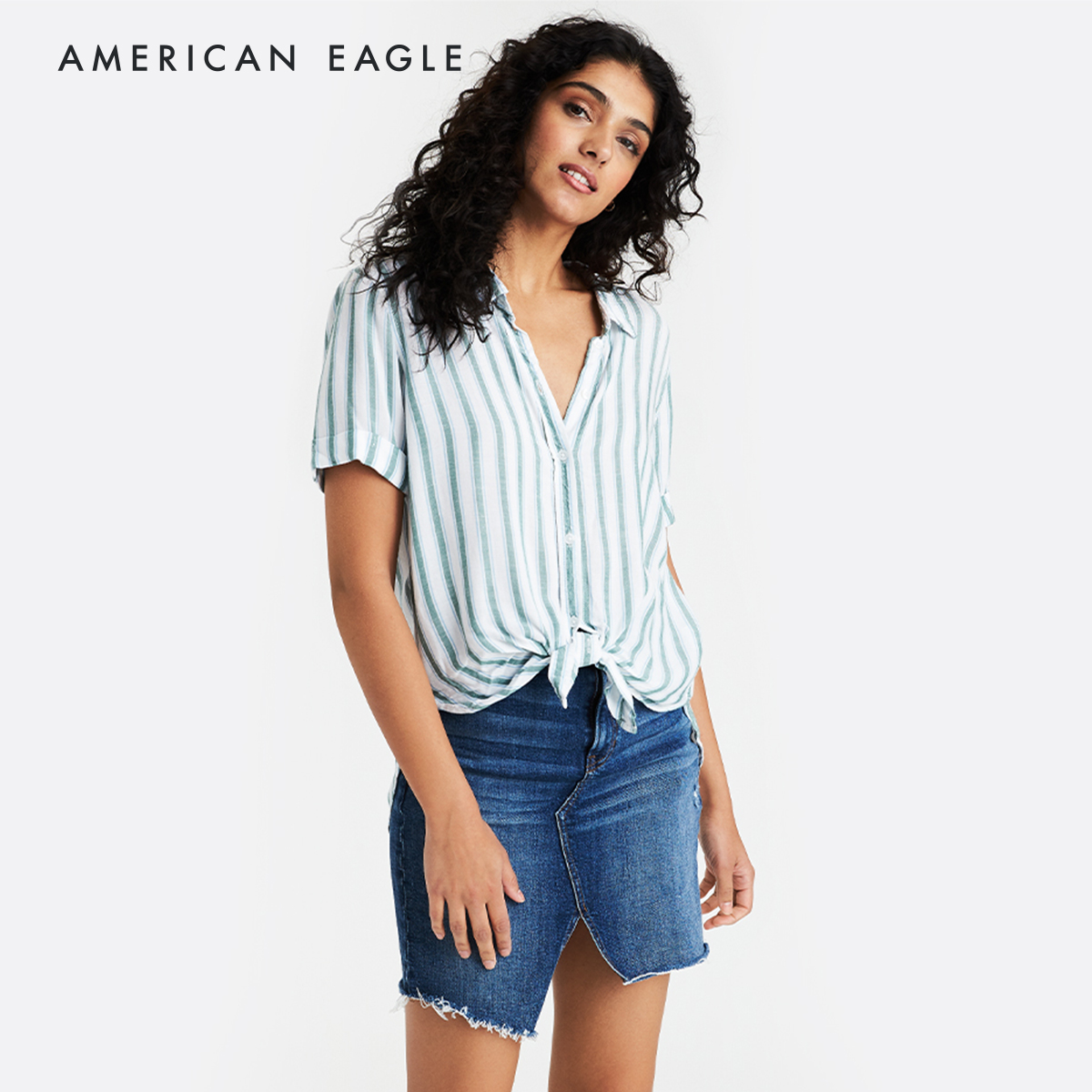 American Eagle Striped Short Sleeve Button Up Shirt เสื้อเชิ้ต ผู้หญิง ลายทาง แขนสั้น (035-1714-300)
