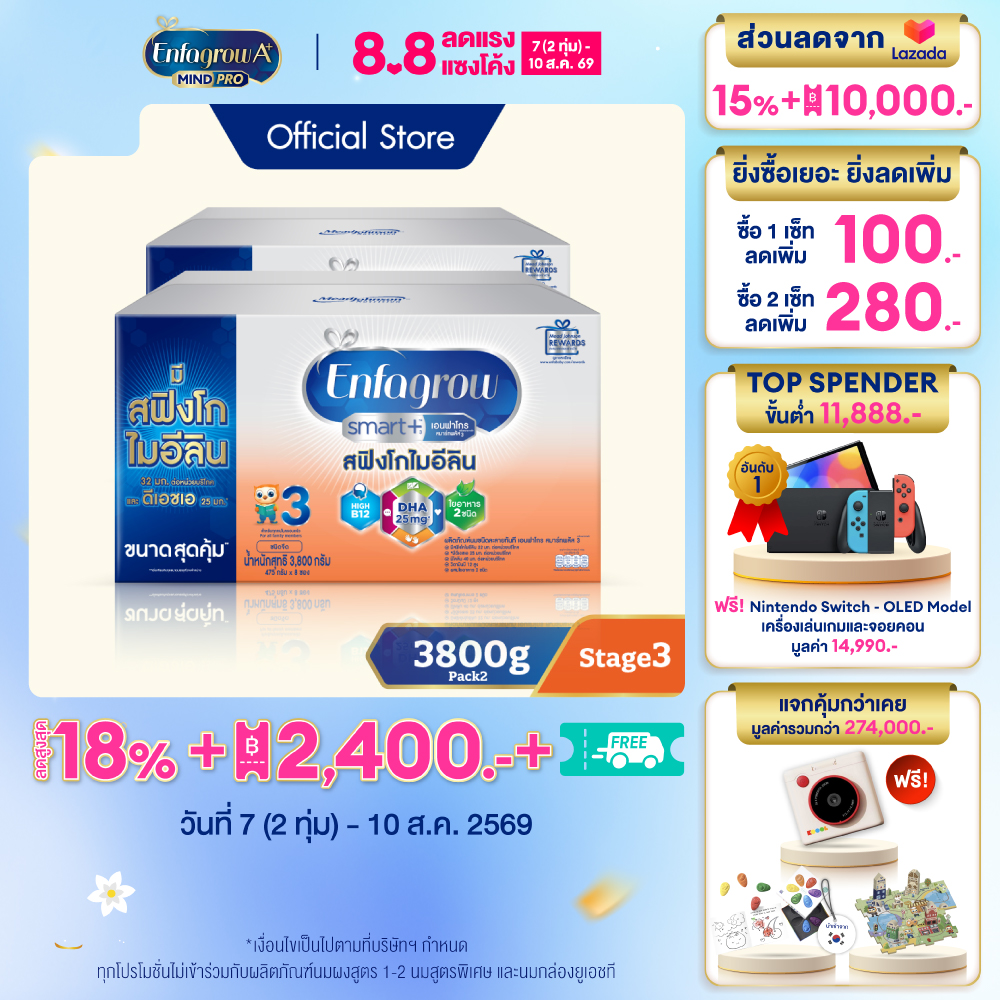 [สินค้าขายดี] นมผง เอนฟาโกร สมาร์ทพลัส ดีเอชเอ สูตร3 ชนิดจืด (3800 กรัม) x2 กล่อง Enfagrow Smart+ Stage3 Plain (3800 g) x2 packs *แพ็คเกจอยู่ระหว่างการเปลี่ยนแปลง