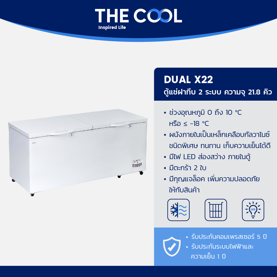 The Cool Freezer and Refrigerator, 2 Systems, Solid Lid, Capacity 21.8 Cubic Feet, Model Dual X22 ราคา 19,690 บาท*ส่งฟรี