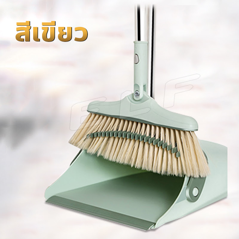 ไม้กวาดพร้อมที่ตักผง Broom and dustpan ไม้กวาด ที่ตักขยะ ชุดที่โกยผง ไม้กวาดหมุนได้180องศา ที่ตักผงขอบยาง มีแปรงในตัว ตั้งเก็บได้ ไม่กินพื้นที่