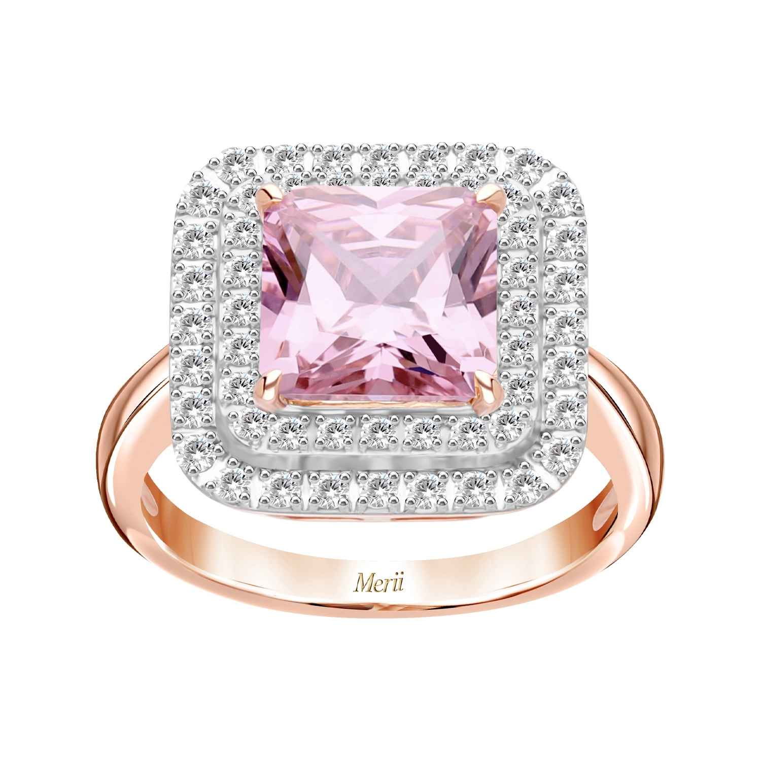 Decorum: Rose Gold Plated Silver Ring Decorated with Pink Cz in a Square Cut Shape, Surrounded by Two Layers of Cz Diamonds. ราคา 5,200 บาท*ส่งฟรี