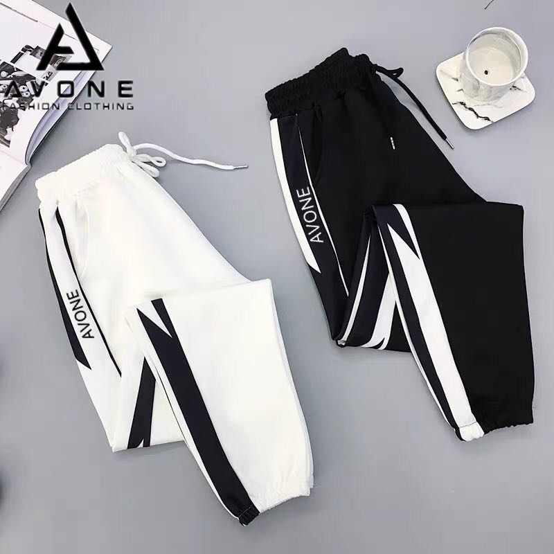 K.A SHOP AVONE กางเกงขายาว เอวยางยืด แต่งแถบข้าง รุ่น Elastic trousers, side stripe pattern (สีดำ+สีขาว)รุ่น KJ888-031
