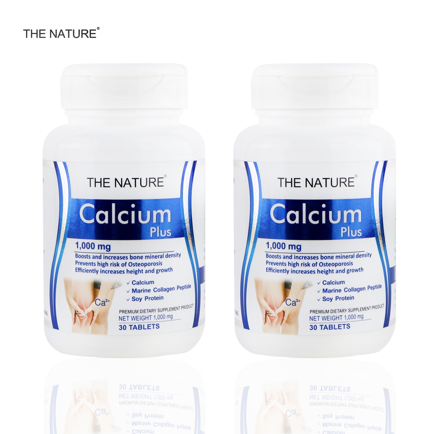 Calcium plus Collagen x 2 ขวด Soy Protein THE NATURE แคลเซียม พลัส คอลลาเจน ซอยโปรตีน เดอะเนเจอร์ บำรุงกระดูก 2 ขวด บรรจุขวดละ 30 เม็ด x 1,000mg.